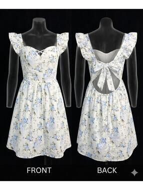 🌸 SHEIN Blue Floral Cottagecore Tie Back Dress XL 12 12-9 🌸